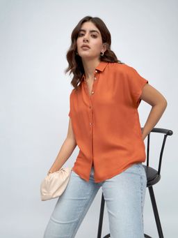 DL WOMAN - Rust Oversized Spread Collar Solid Casual Shirt