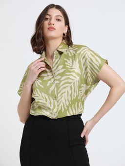 DL WOMAN - Light Olive Floral Printed Extended Sleeves Relaxed Fit Casual Shirt