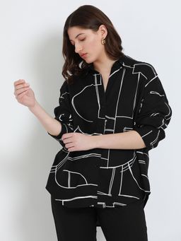 DL WOMAN - Black Abstract Printed Spread Collar Oversized Casual Shirt