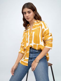 DL WOMAN - Mustard Abstract Printed Spread Collar Oversized Casual Shirt