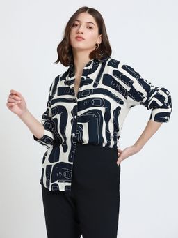 DL WOMAN - Navy Blue Abstract Printed Spread Collar Oversized Casual Shirt