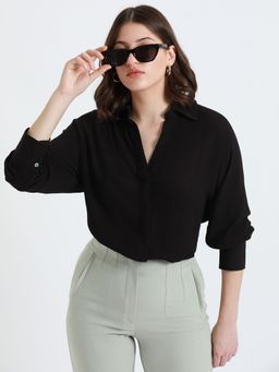 DL WOMAN - Black Full Sleeves Oversized Solid Casual Shirt