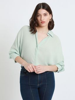 DL WOMAN - Mint Green Full Sleeves Oversized Solid Casual Shirt