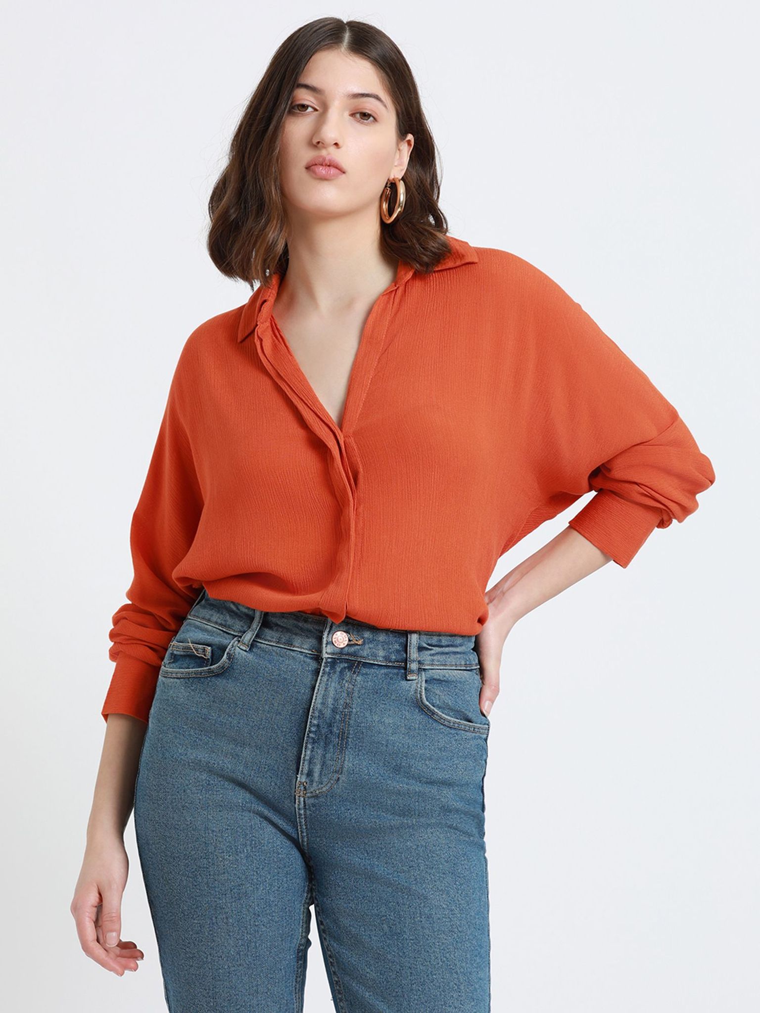 Women Rust Full Sleeves Oversized Solid Casual Shirt