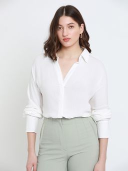 DL WOMAN - White Full Sleeves Oversized Solid Casual Shirt