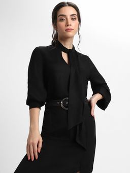 DL WOMAN - Black Tie-Up Neck Full Cuffed Sleeves Top