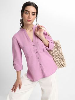 DL WOMAN - Lavender Mandarin Collar Roll-Up Sleeves Cotton Shirt Style Top