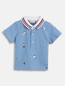 Chicco - Boys Medium Light Blue Printed Short Sleeve Polo T-shirt