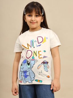 Kidsville - Official Lilo & Stitch Printed Girls Off White Regular Fit T-shirt