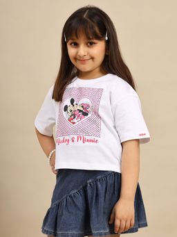 Kidsville - Official Mickey & Friends Printed Girls White Boxy Fit Crop T-shirt