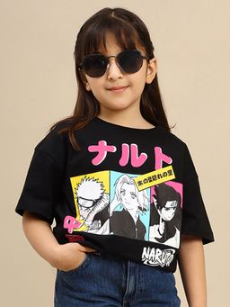 Kidsville - Official Naruto Printed Girls Black Oversized Fit T-shirt