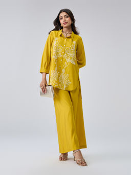 Gajra Gang - Mustard Cambric Floral Embroidered Shirt With Pant Co-Ord Set Boho Naari (Set of 2)