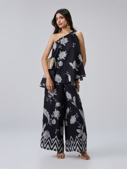 Gajra Gang - Black Muslin Floral Printed One Shoulder Top With Pant Chalk And Slate (Set of 2)