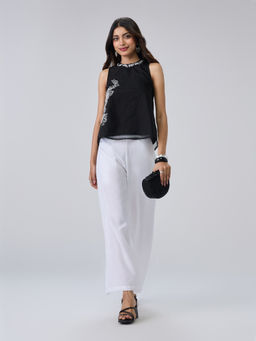 Gajra Gang - Black Organza Floral Embroidered Top, Solid Pant Chalk And Slate (Set of 2)