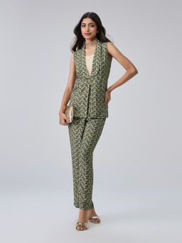Gajra Gang - Green Satin Abstract Waistcoat With Inner And Pant Co-Ord Set Boho Naari (Set of 3)