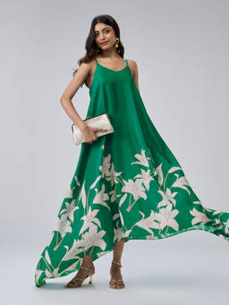Gajra Gang - Green Crepe Floral Bias Cut Strappy Maxi Dress With Pockets La Dolce Vita