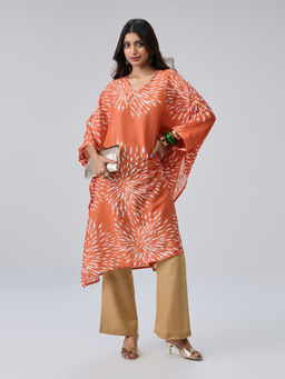Gajra Gang - Orange Muslin Floral Tie Dye Print Kaftan Kurta Boho Naari