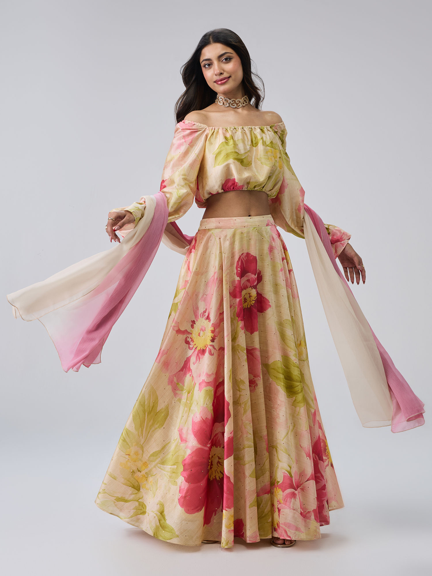 gajra gang Cream Poly Silk Floral Blouse With Skirt And Dupatta Blushed Affair (Set of 3)-picture-27