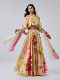 Gajra Gang - Cream Poly Silk Floral Blouse With Skirt And Dupatta Blushed Affair (Set of 3)