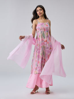 Gajra Gang - Pink Poly Silk Printed Strappy Kurta, Pant And Dupatta Blushed Affair (Set of 3)