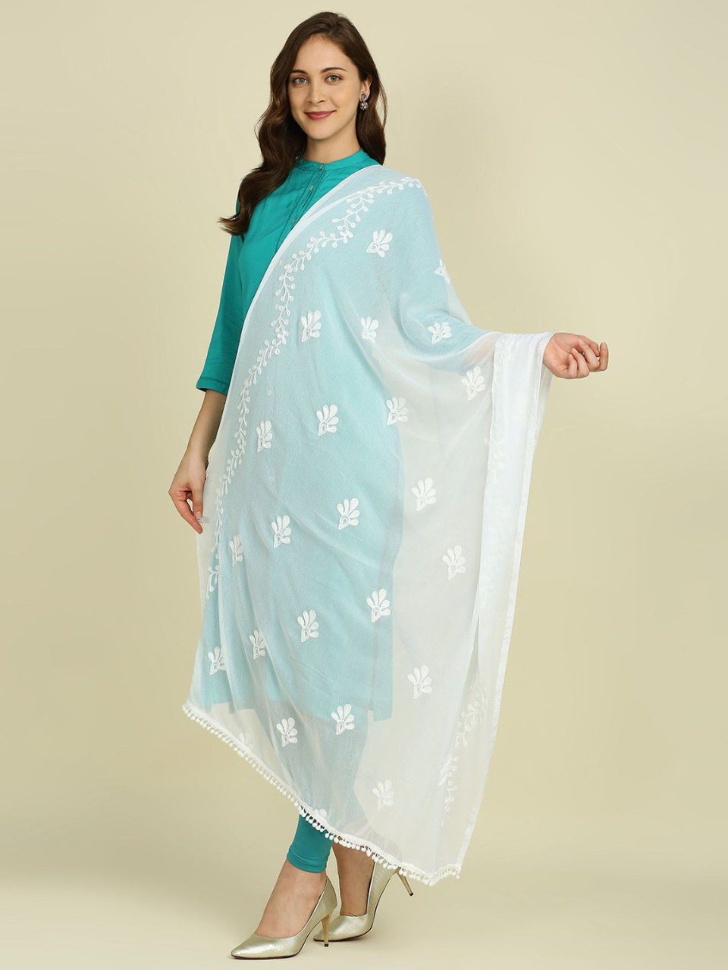 dupatta bazaar Womens White Embroidered Chiffon Dupatta with Pom Pom Lace-picture-11