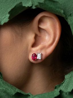 Stone Story By Shruti - Women Rhodium-Plated Pink and Clear Cubic Zirconia Toi Et Moi Stud Earrings