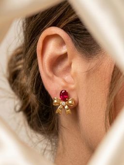 Stone Story By Shruti - Women 18K Gold-Plated Pink Cubic Zirconia Bow Stud Earrings