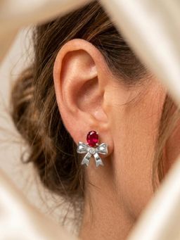 Stone Story By Shruti - Women Rhodium-Plated Pink Cubic Zirconia Bow Stud Earrings