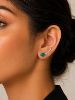 Stone Story By Shruti - Women Rhodium-Plated 925 Sterling Silver Green Onyx Climber Earrings