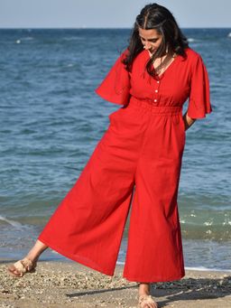 Okhai - Pioneer Hand-Embroidered Mirrorwork Pure Cotton Jumpsuit Red