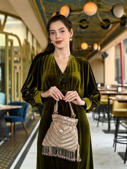 Odette - Beige Embellished/Sequined Suede Potli