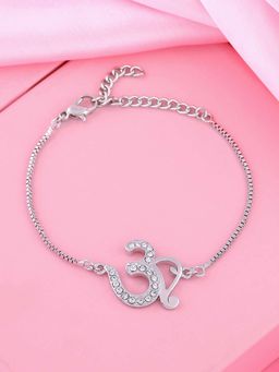 Estele - Rhodium Plated Auspicious Om Bracelet with Austrian Crystals for Men and Women