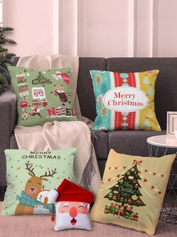 Indigifts - Christmas Decorations Themed Decor Set of 4 Cushion Cover 16x16 inches and Santa Soft Toy