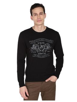 U.S. POLO ASSN. - Men Black Crew Neck Graphic Print Cotton Sweater