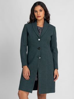 Lure Urban - Women Green Solid Winter Wear Notched Lapel Overcoat