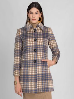 Lure Urban - Women Brown Winter Wear Spread Collar Check Overcoat