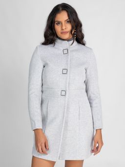 Lure Urban - Women Grey Solid Winter Wear Stand Collar Overcoat