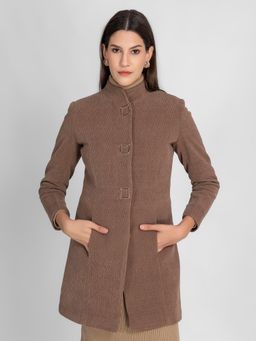Lure Urban - Women Brown Solid Winter Wear Stand Collar Overcoat