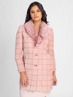 Lure Urban - Women Coal Winter Wear Fur Collar Check Overcoat