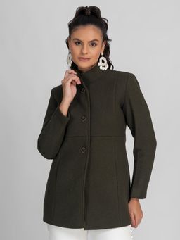 Lure Urban - Women Olive Stand Collar Solid Winter Wear Overcoat