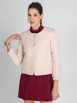 Lure Urban - Women Pink Round Neck Self Design Short Coat