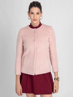 Lure Urban - Women Baby Pink Round Neck Self Design Winter Coat