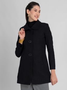 Lure Urban - Women Black Solid Spread Collar Winter Overcoat