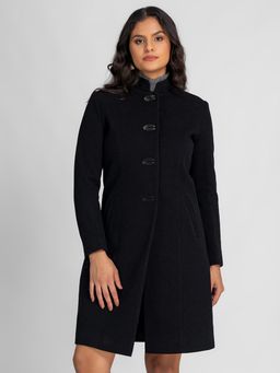 Lure Urban - Women Black Solid Stand Collar Winter Overcoat