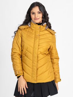 Lure Urban - Women Yellow Winter Hooded Puffer Faux Fur Trim Parka Jacket