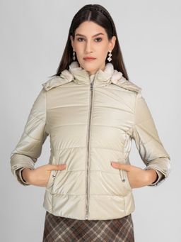 Lure Urban - Women Beige Hooded Stand Collar Faux Fur Trim Puffer Jacket