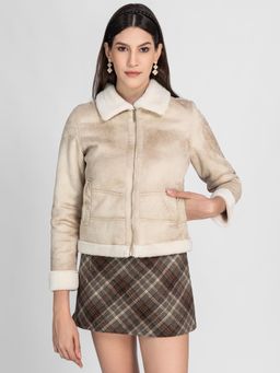 Lure Urban - Women Beige Fur Collar Faux Fur Trim Tailored Jacket