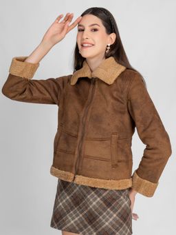 Lure Urban - Women Tan Fur Collar Faux Fur Trim Tailored Jacket