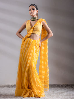 Swtantra - Organza Yellow Hide & Seek Stripes Saree with Unstitched Blouse Fabric