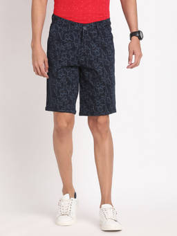 Turtle - Men Cotton Stretch Printed Navy Casual Shorts
